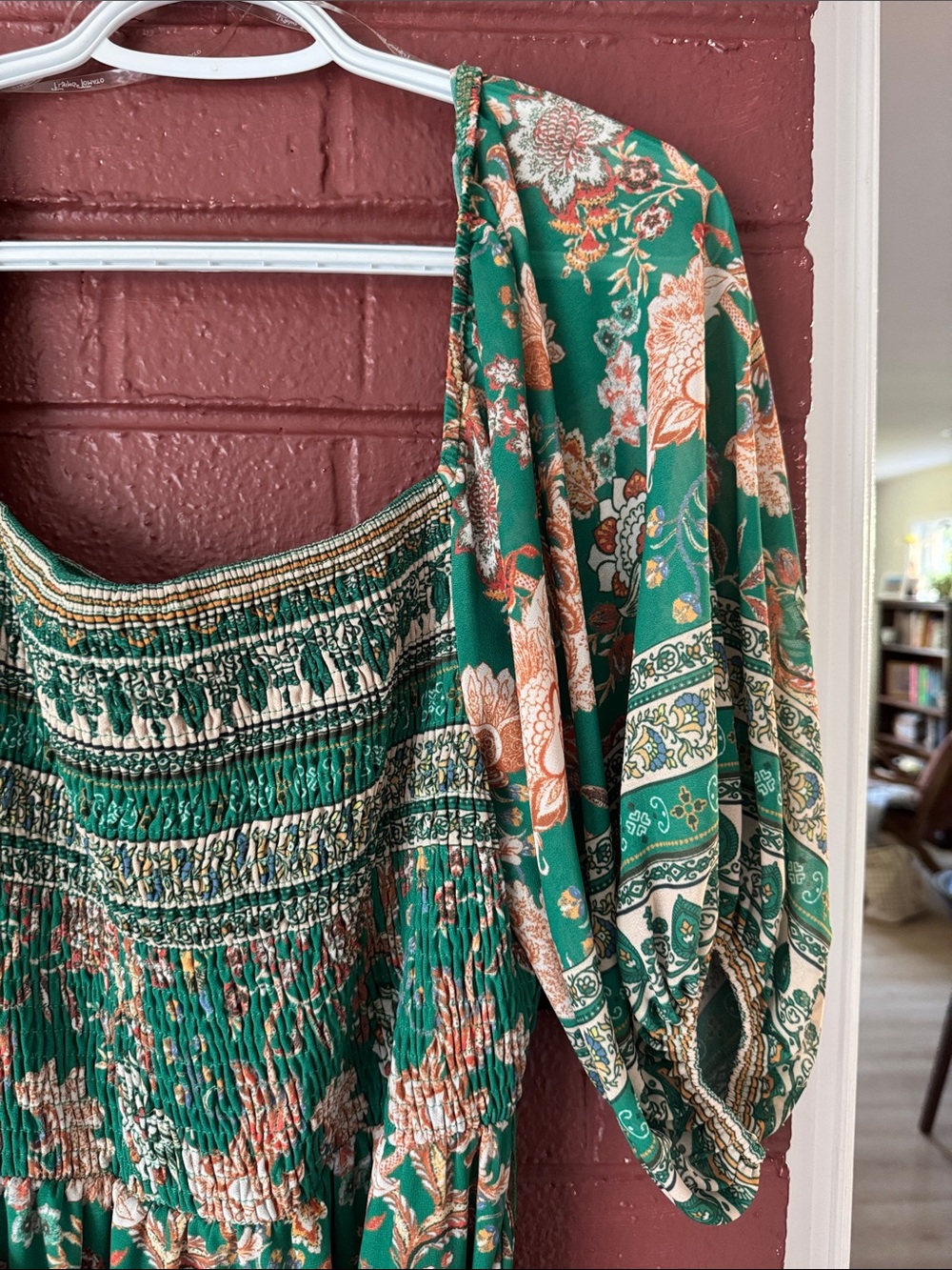Flying Tomato Patterned Green Puff Sleeve Smocked Floral Boho Midi Dress Size L - Picture 5 of 8